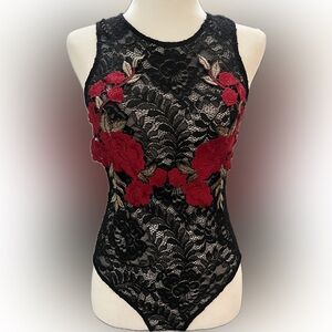 Forever 21 Black Lace and Red Floral Embroidered Bodysuit